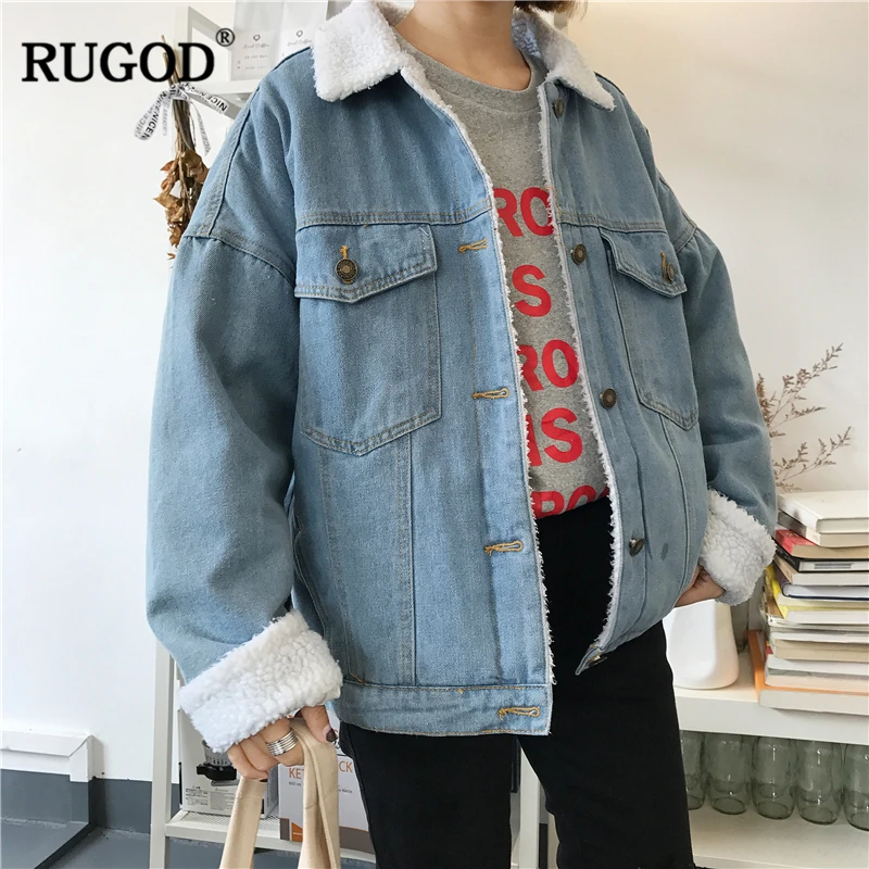 

RUGOD Women Jean Jacket Coat Long Sleeve Loose Jacket Solid Casual Women Tops Thick Warm Winter Clothes denim jacket