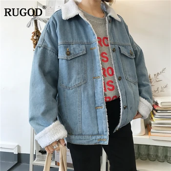 

RUGOD Women Jean Jacket Coat Long Sleeve Loose Jacket Solid Casual Women Tops Thick Warm Winter Clothes denim jacket