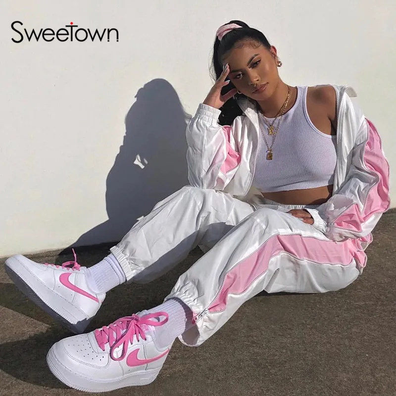 

Sweetown Side Zipper Patchwork Pink Plus Size Baggy Pants Women Elastic High Waist Sweatpants Womens Hippie Trousers Streetwear