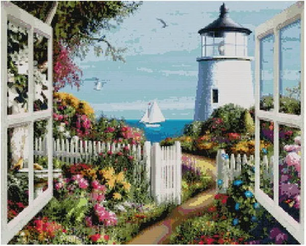 CS-657 cross stitch kit window to sea boat beacon lighthouse.jpg