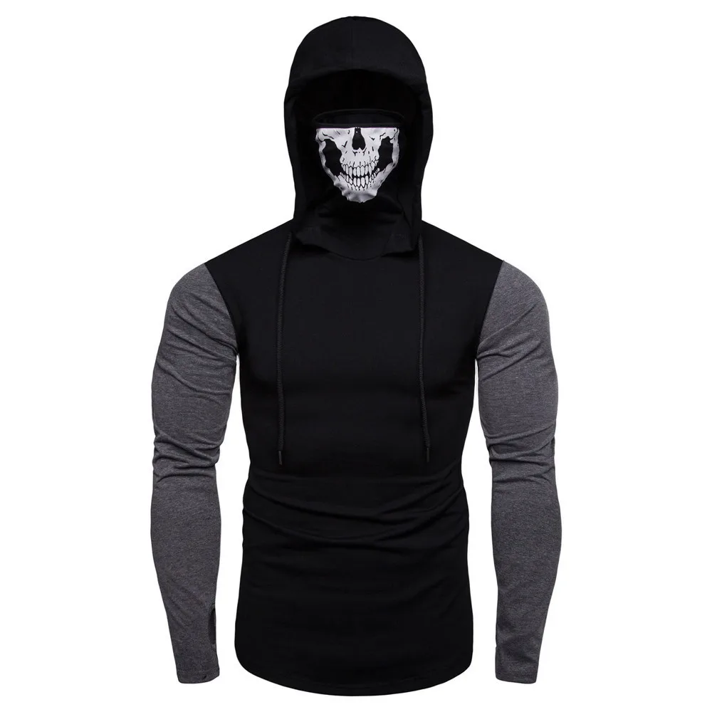 

Men's hooded sweatshirt Mens Mask Skull Splicing Pullover Long Sleeve Hooded Sweatshirt Tops Blouse Self-contained sweatshirt Y5