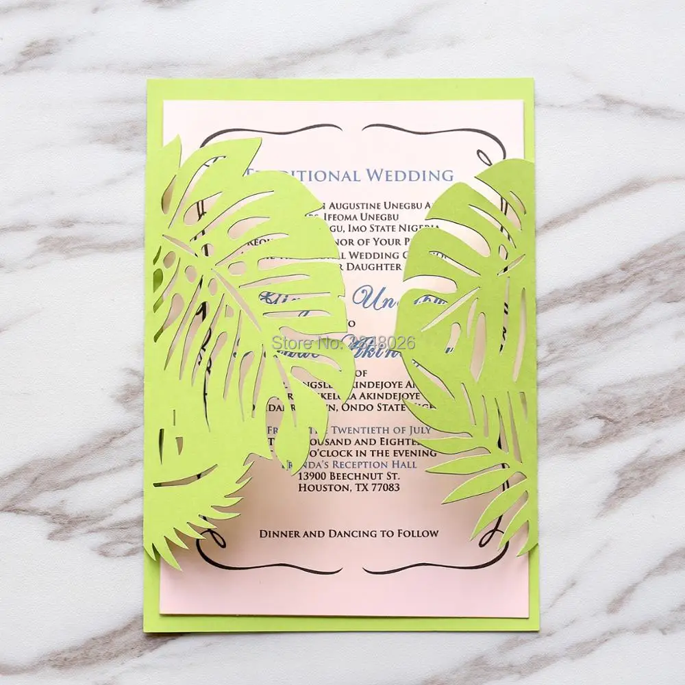 Индивидуальные тропические свадебные приглашения, лазерная резка, для свадьбы приглашения, персонализированные печатные складывающиеся открытки
