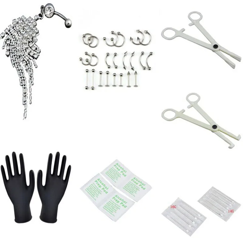 

37PCS/Set Ear Nose Belly Button Navel Nipple Needles Charm Body Piercing Tool Kit