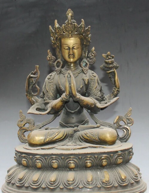 

bir 006996 12" Tibetan Temple Bronze Seat Lotus 4 Arms Chenrezig Buddha Guanyin Statue