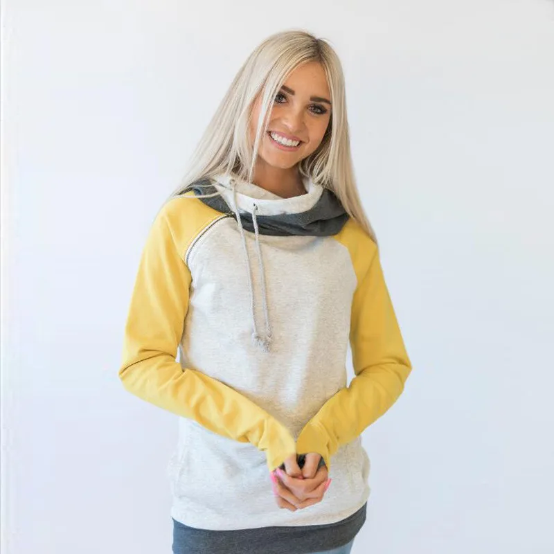  ELSVIOS 2017 Double hood hoodies sweatshirt Women Autumn Long Sleeve side zipper Hooded Casual Patc