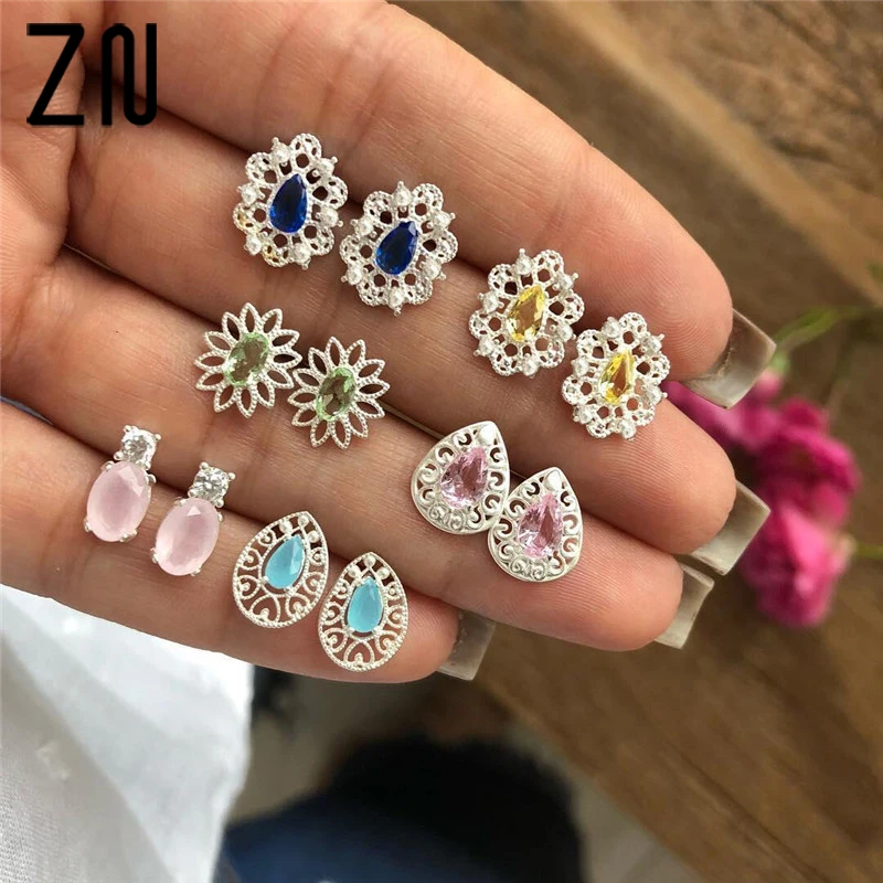

ZN 6 Pairs/lot Shining Crystal Stud Earrings for Women Bling Rhinestone Multicolor Ear Earring Jewelry Accessories Set Gifts