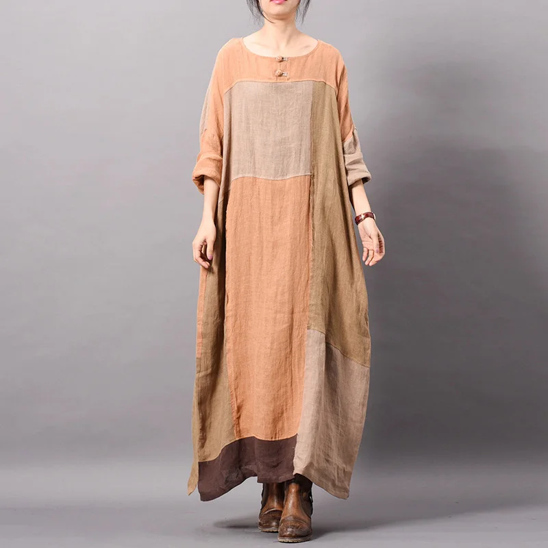 Cotton Linen Dress For Women Patchwork Long Sleeve Button Spring New Vintage Robes Plus Size Women Dresses