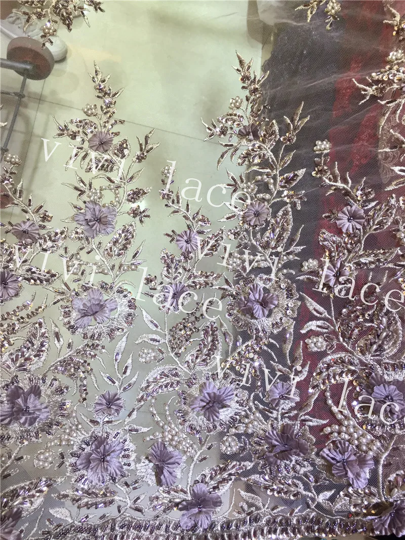 

5yards vw002 light purple pearls 3d stone applique luxury embroidery best quality tulle mesh lace for sawing dress