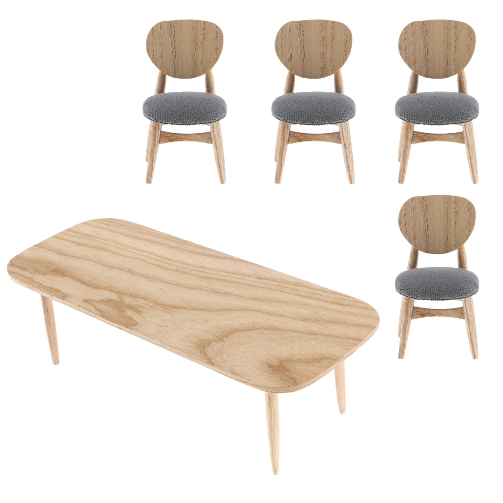 1/12 Scale Dollhouse Miniature Furniture, Wooden Rectangular Coffee Tea Table + 4pcs Chairs