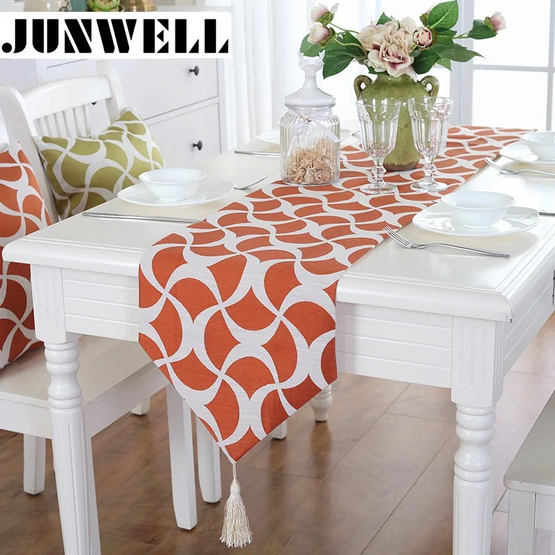 

Junwell Fashion Modern Table Runner Colorful Nylon Jacquard Runner Table Cloth With Tassels Cutwork Embroidered Table Runner