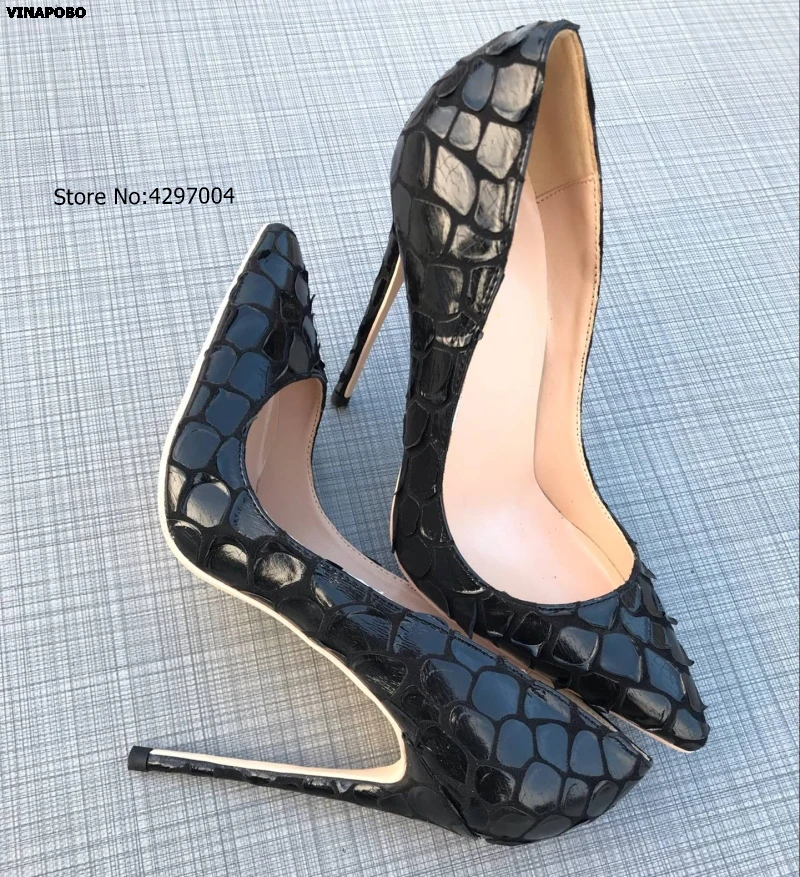 Vinapobo/женские туфли на высоком каблуке-шпильке 12, 10, 8 см; пикантные черные туфли-лодочки с острым носком на тонком каблуке под змеиную кожу; удобная модельная Свадебная обувь