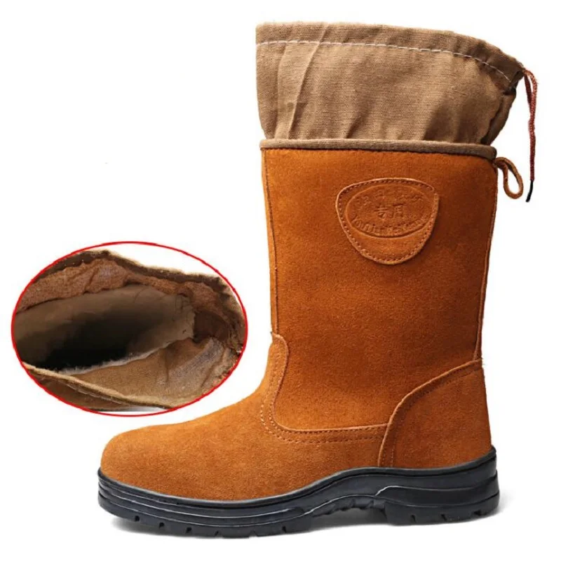 

AMSHCA Steel Toe Men Safety Boots Cow Suede Mid Calf Boots Plush Snow Winter Shoes Puncture Proof Indestructible Work Shoes