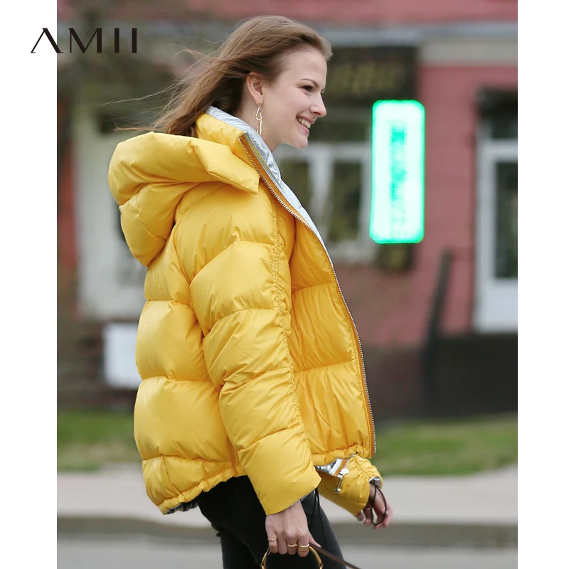 

Amii Minimalist Solid Short Down Jacket Women 2018 Autumn Winter Causal Reversible Loose 90% White Duck Hooded Down Jacket