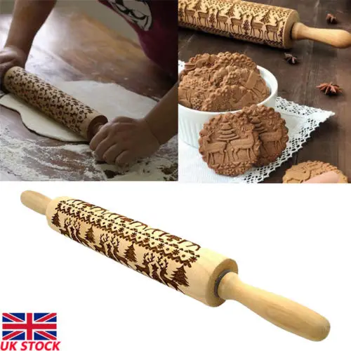 

2018 Christmas Embossing Wood Rolling Pin For Baking Professional Dough Roller New Christmas Elk Sculpture Wooden Rolling Pin
