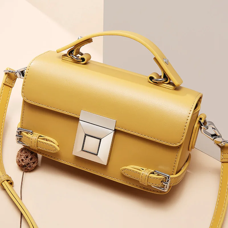

Leather Lady Bags Small Square Locomotive Wide Shoulder Strap Lock Belt Decoration Female Handbag Cowhide New Fashion Sac Summer