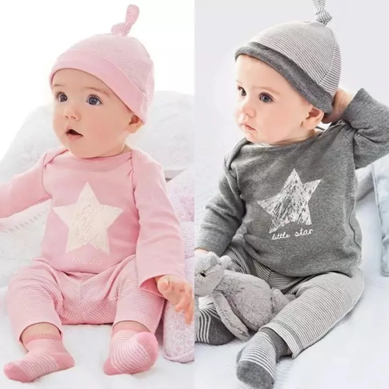 Милый комплект детской одежды для маленьких девочек хлопок Звезда футболки+ брюки+ шляпа костюмы 3 шт. новорожденного Комплекты одежды для маленьких мальчиков Демисезонный