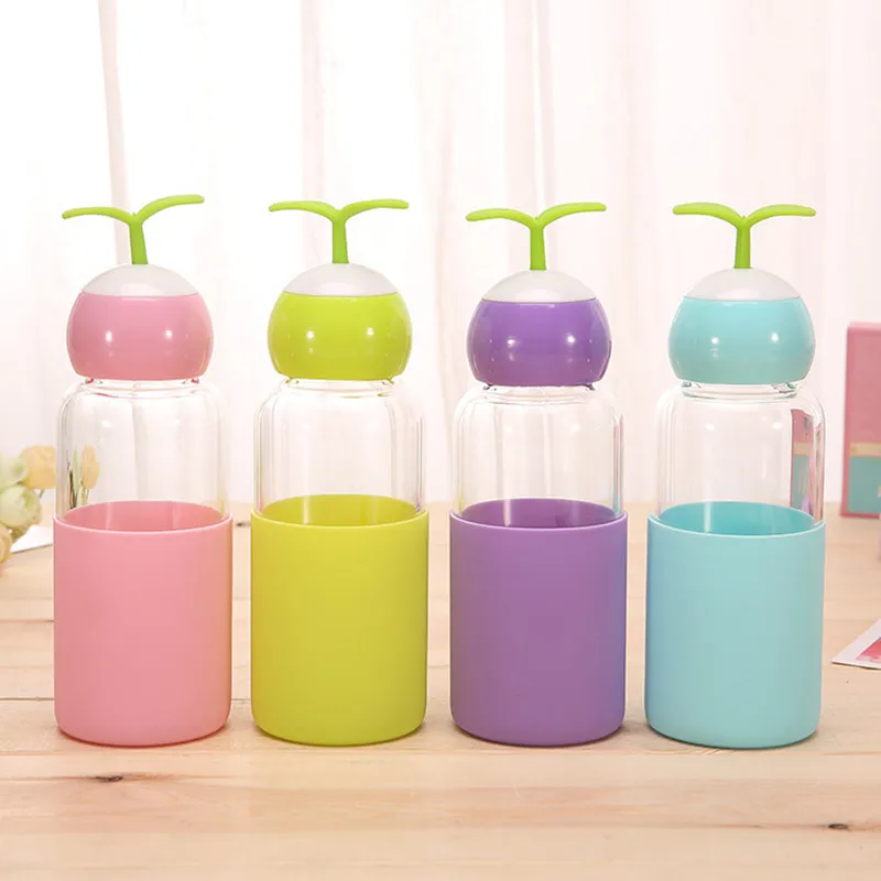 Cute sprouts glass water bottle outdoor travel portable creative