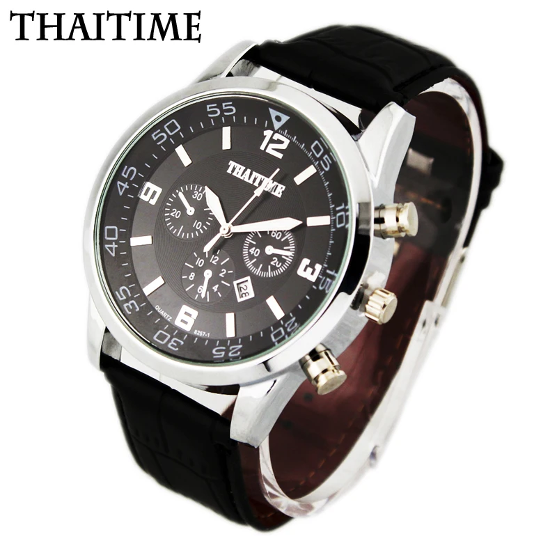 THAITIME Luxury Brand Business Military Quartz Genuine Leather Auto Date Watches Men Japan