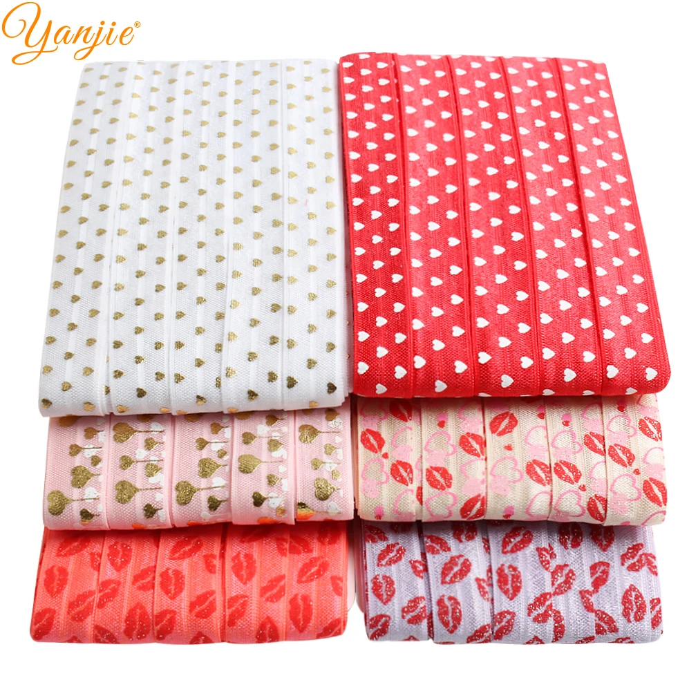 

10 Yards/lot Valentine's Day Metallic Heart Lips Printed Headband Classical FOE Printed 5/8" Elastic DIY Hair Accessories Girls