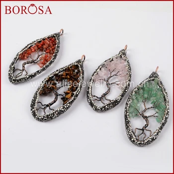 

BOROSA Multi Kind Stone Leave Shape Life Tree Charm Crystal Paved Zircons Charm Pendant DIY Drusy Earrings & Necklaces JAB732