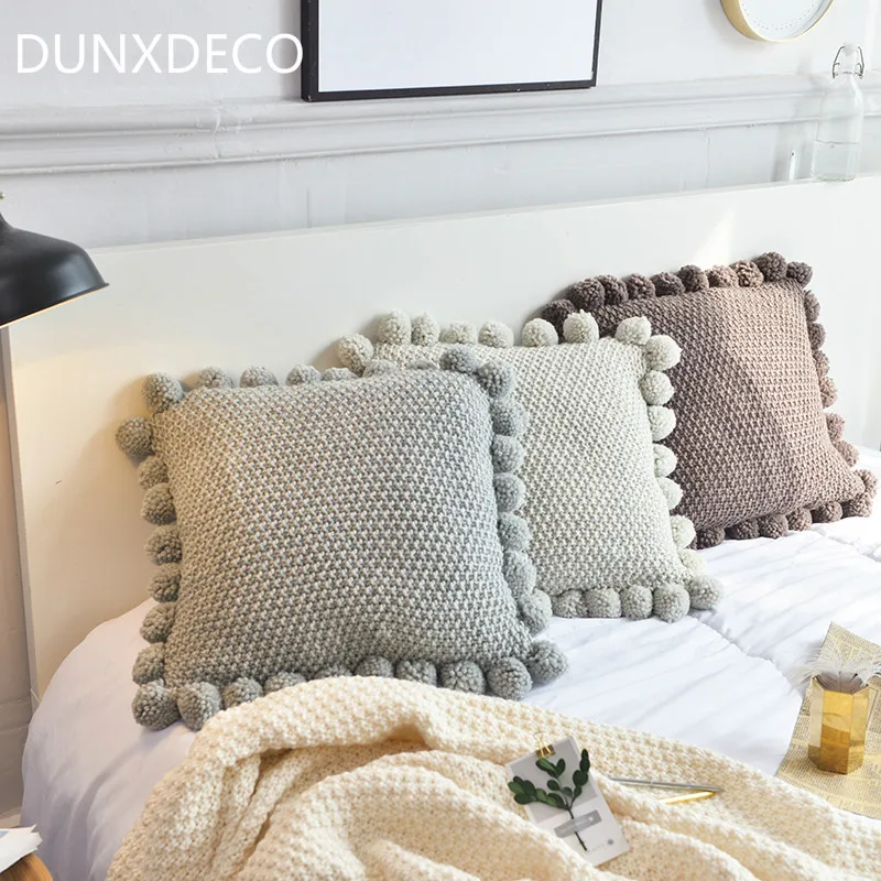 

DUNXDECO Cushion Cover Square Decorative Pillow Case Nordic Simple Plain Gray Knitting Big Balls Throw Warm Room Sofa Chair Deco
