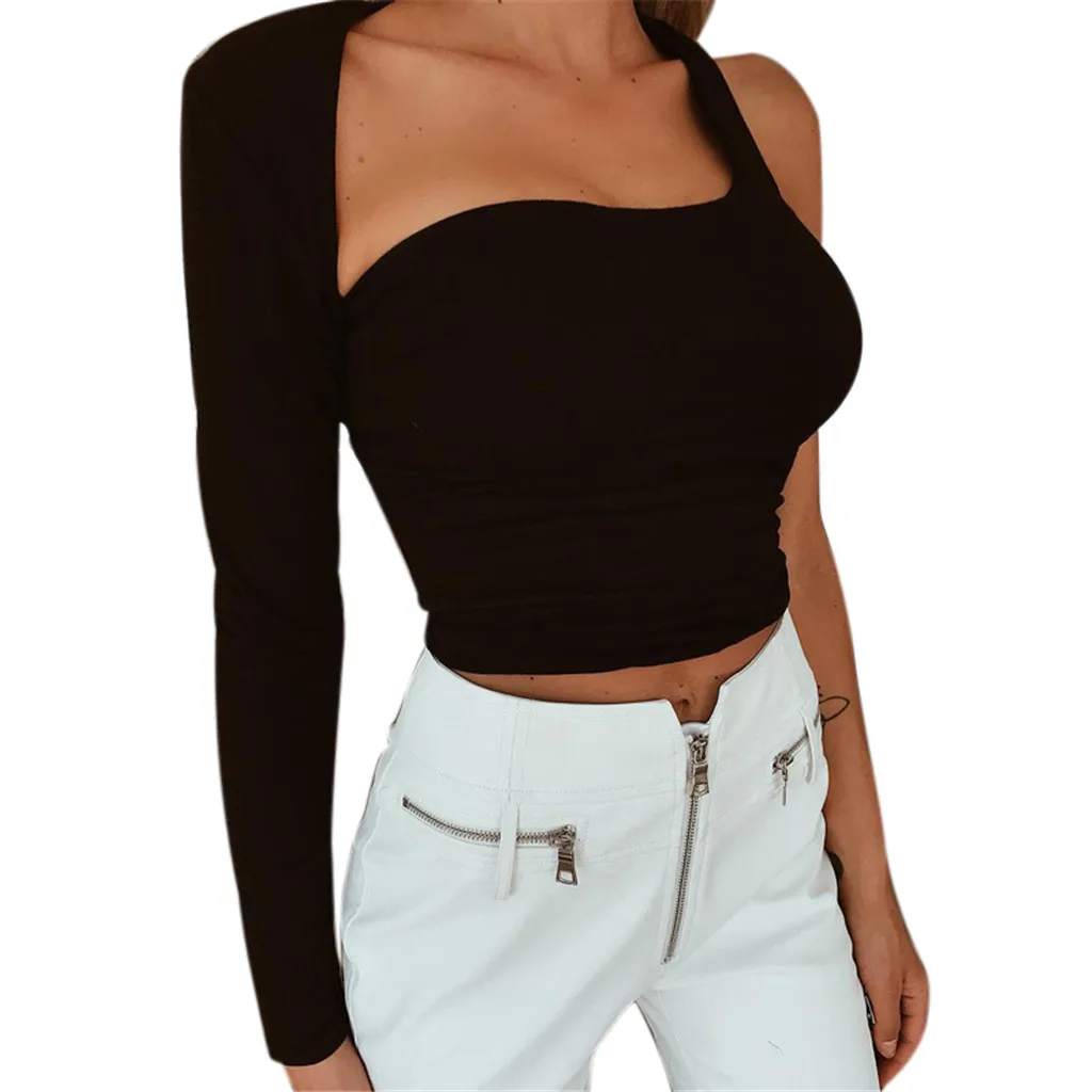 Sexy Crop Tops Solid One Shoulder Hollow Out Shirt Fashion Women Short ...