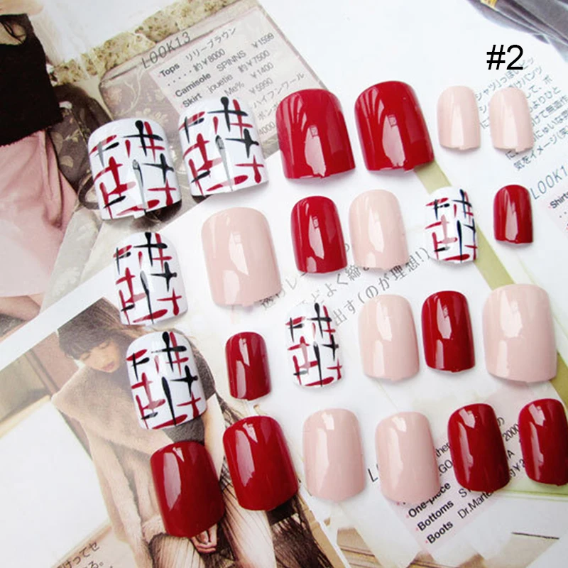 

24pcs Full Cover Fake Nail Art Design Adhesive Glue Nail Tips 10 Sizes Acrylic Press On Sticker False Faux Nail Tools