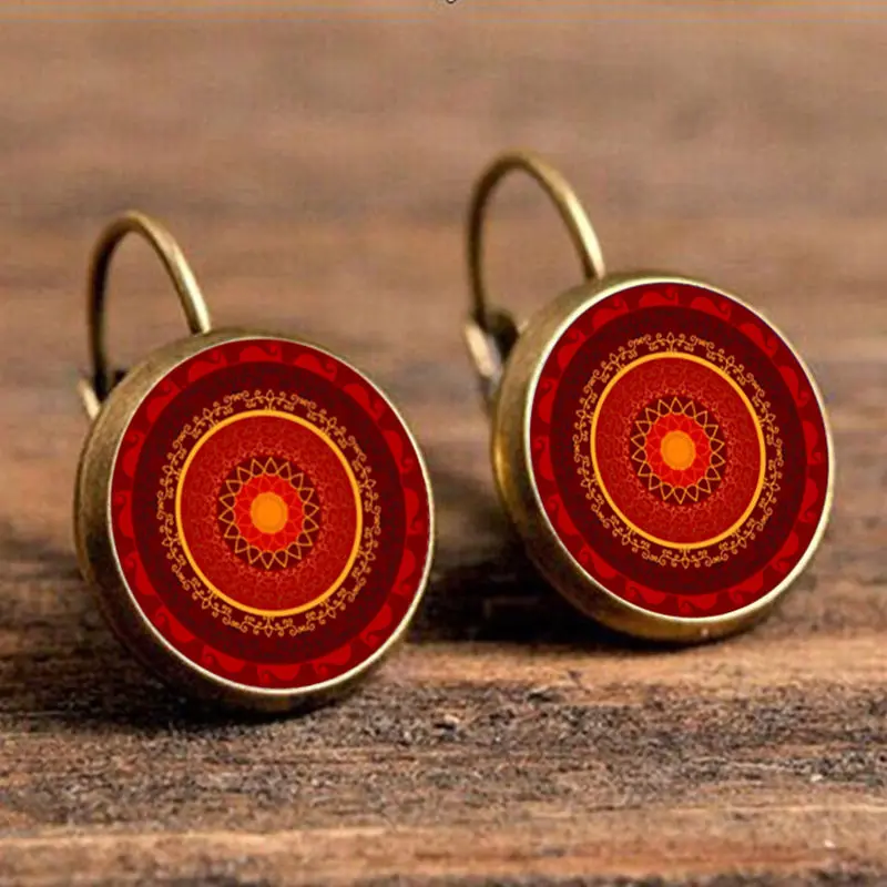 

SUTEYI New 2019 Women Jewelry Vintage Mandala Henna Earrings Round Glass Earings OM Symbol Buddhism Zen Jewelry