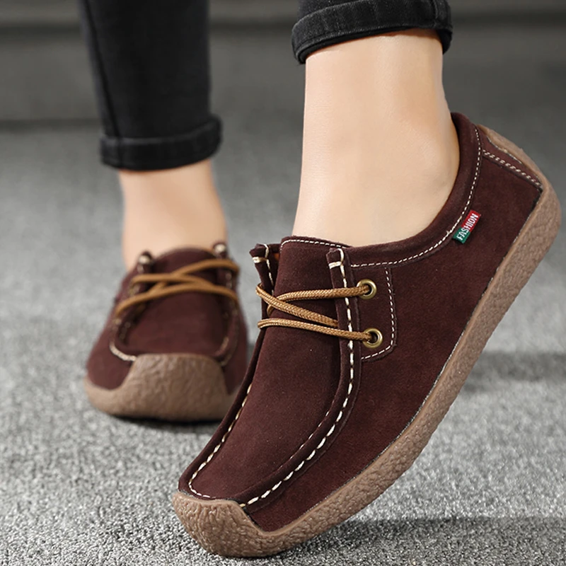 New Leather Women Shoe Casual Leather Shoes for Women Flat Shoes Ladies Lacing Loafers Pink 39 