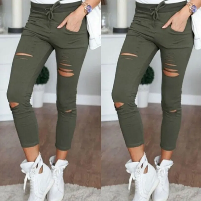 Women High Waist Stretch Ripped Skinny Slim faded Denim Pants Jeans Jeggings