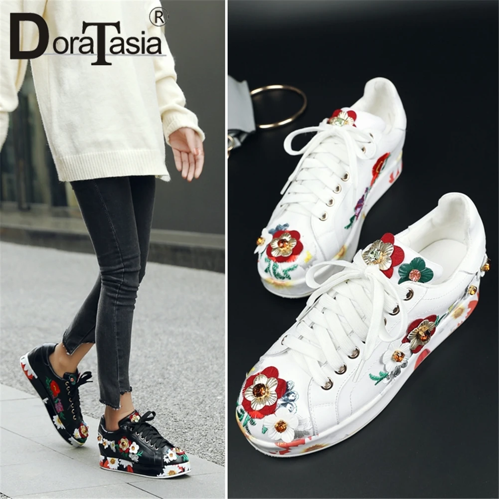 

DoraTasia 2019 Spring Brand Big Size 33-40 Genuine Leather Women Sneakers Ladies Flowers Flats Casual Platform Shoes Woman