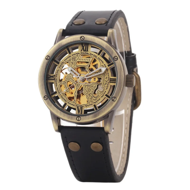 أزياء الرجال البرونزية العتيقة جلدية الذاتي Widing المعصم ووتش Steampunk من الهيكل العظمي الطاقة التلقائي الذكور الساعات الميكانيكية