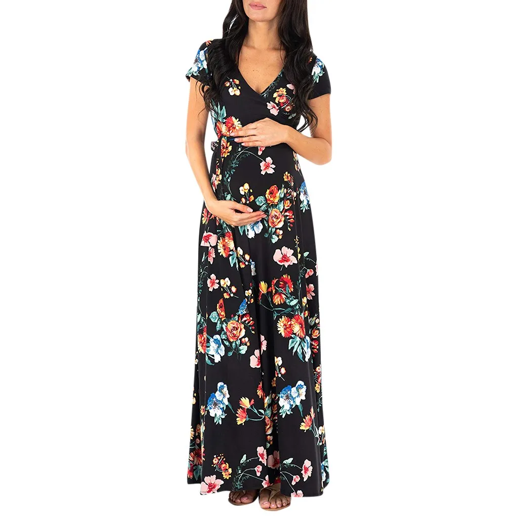 

CHAMSGEND Women's Maternity Pregnanty Short Sleeve V-neck Floral Print With Belt Dress 19APR29 P35