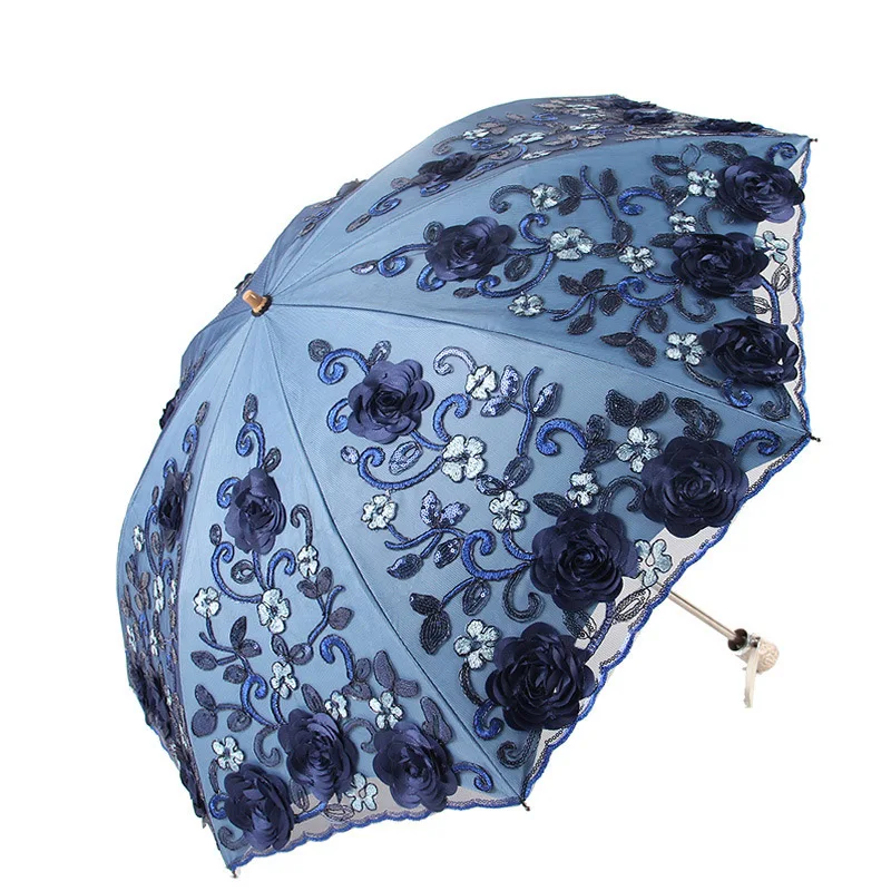 

Lace Two Folding Umbrella Ladies Double Layer Embroidery Sun Umbrellas Women Windproof Black Coating Anti-UV Sunscreen Parasol