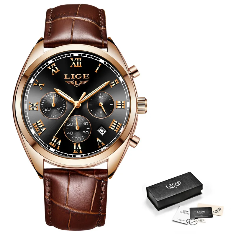 Мужские часы, мужские часы с кожаными римскими цифрами, винтажный стиль, LIGE, кварцевые часы, мужские брендовые водонепроницаемые спортивные часы - Цвет: gold black leather