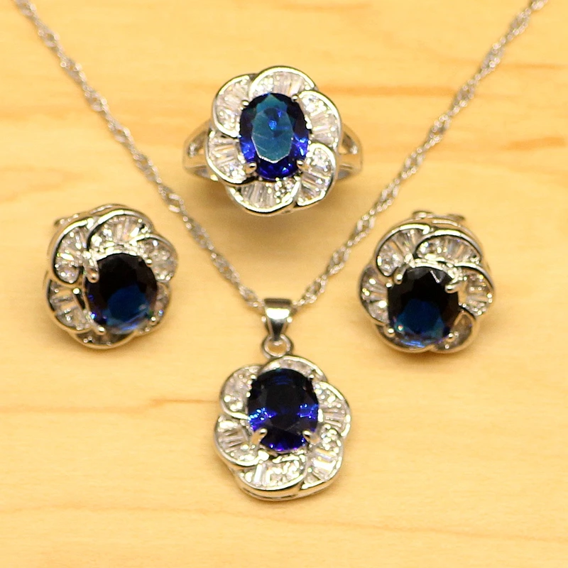 

Blue Zircon White CZ Jewelry Sets For Women Sterling Silver Jewelry Earrings/Pendant/Necklace/Rings