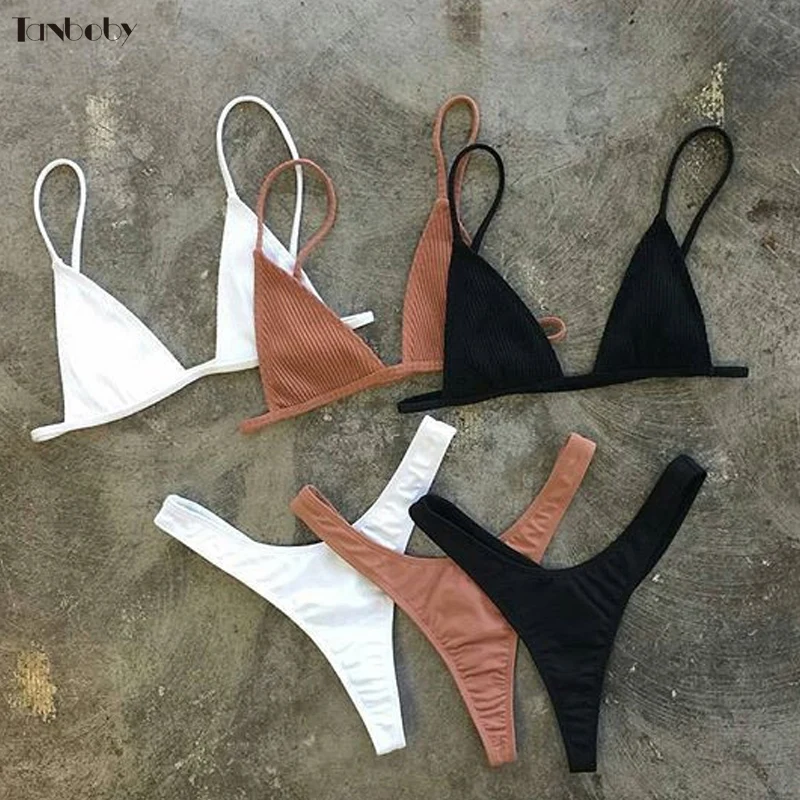 online Meninas que Nadam Ternos Biquíni brasileiro Copo Pequeno + Alta Corte Estilo Praia Biquini Sólido Preto Branco Micro Natação Ternos Biquínis fio dental