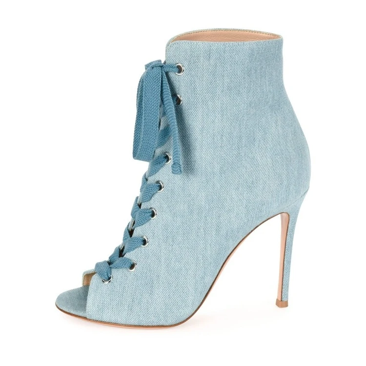 

botas feminina blue peep toe sexy high heels ankle boots for women lace up sapato feminino Cowboy boots stiletto schoenen vrouw