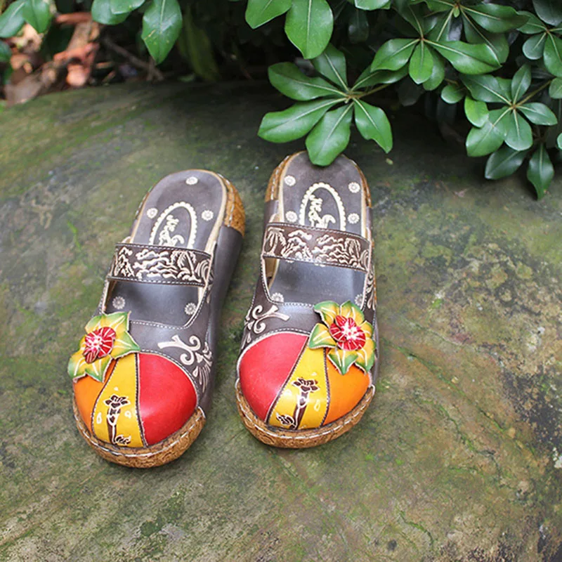 Женские летние сандалии из натуральной кожи с аппликацией; женская обувь с круглым носком в стиле ретро; женские богемные сандалии с цветочным узором; сезон весна-осень