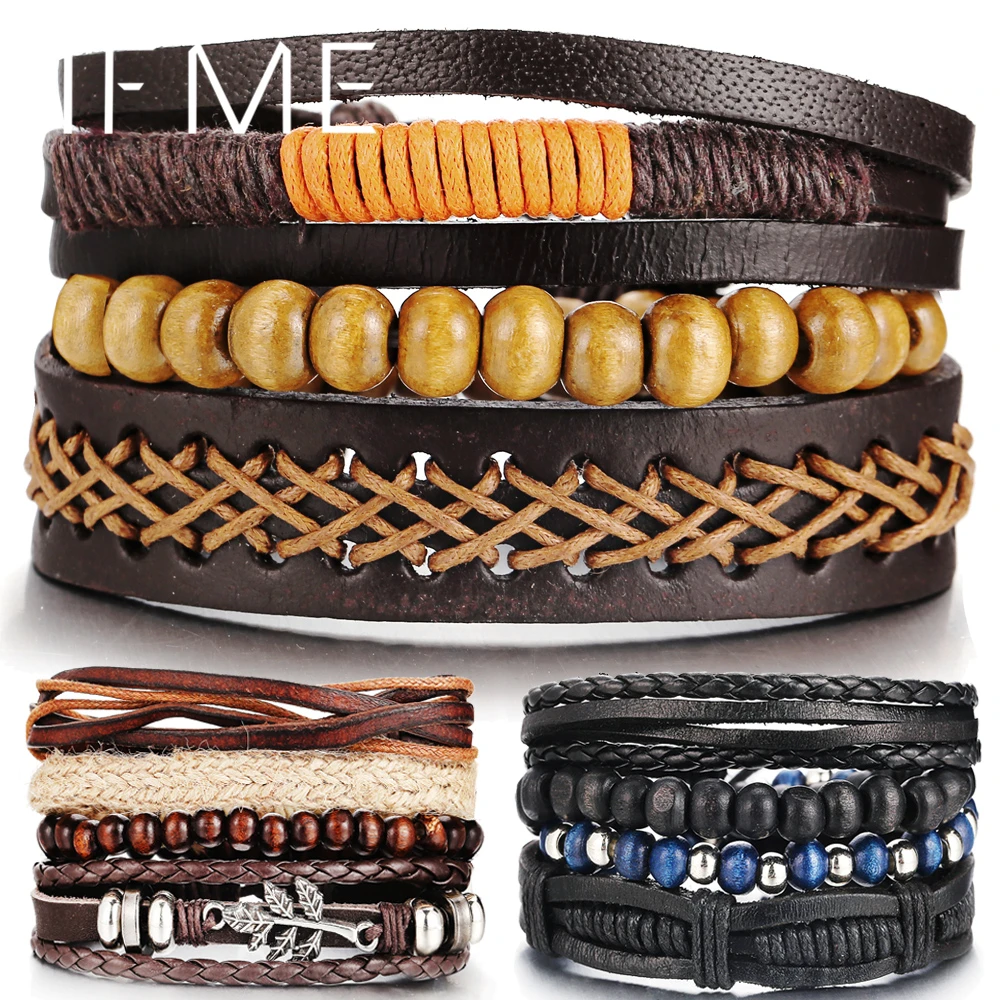 

IF ME Wood Bead Male Multilayer Leather Bracelet Men Braided Rope Wrap Bracelets Bangles Pulseira Masculina Jewelry Pulsera New