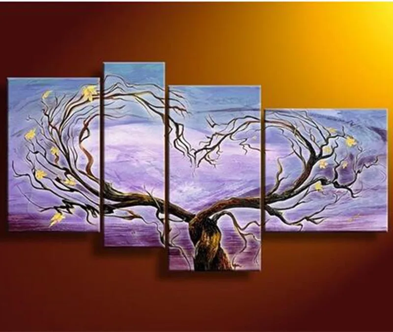 

Large 4 Piece Picture Modern Home Wall Art Handmade Canvas Paintings Handpainted Abstract Tree Flowers Light Purple Oil Painting