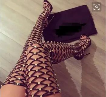 

real photo fashion woman over knee high black mesh style sandal boots woman black high heel thigh high gladiator sandal boots