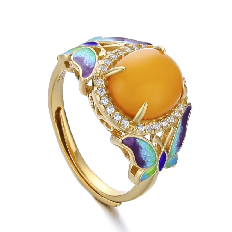 

925 Sterling Golden Ring Yellow Amber Stone For Women S925 Vintage Ring Party Jewelry Women Gift