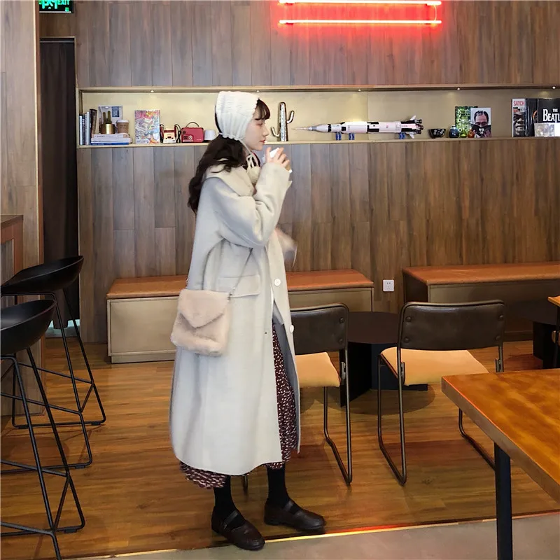 OLN 2019 New Style Solid Color Long Temperament Coat Female High Quality Thick Single-breasted Lapel Women's Woolen Coat 7195