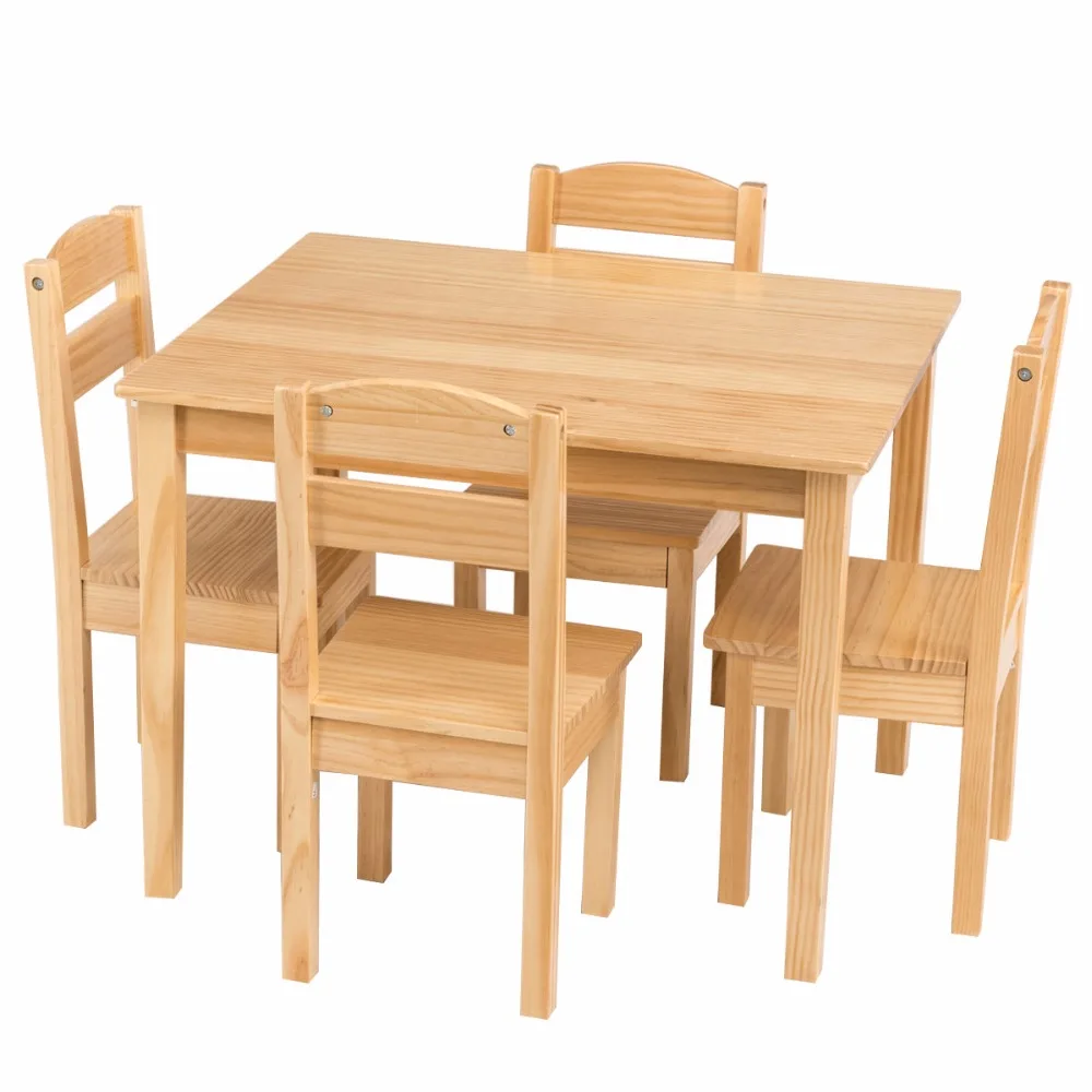 Goplus Kids 5 Piece Table Chair Set Pine Wood Children Play Room Furniture Natural New HW55008NA