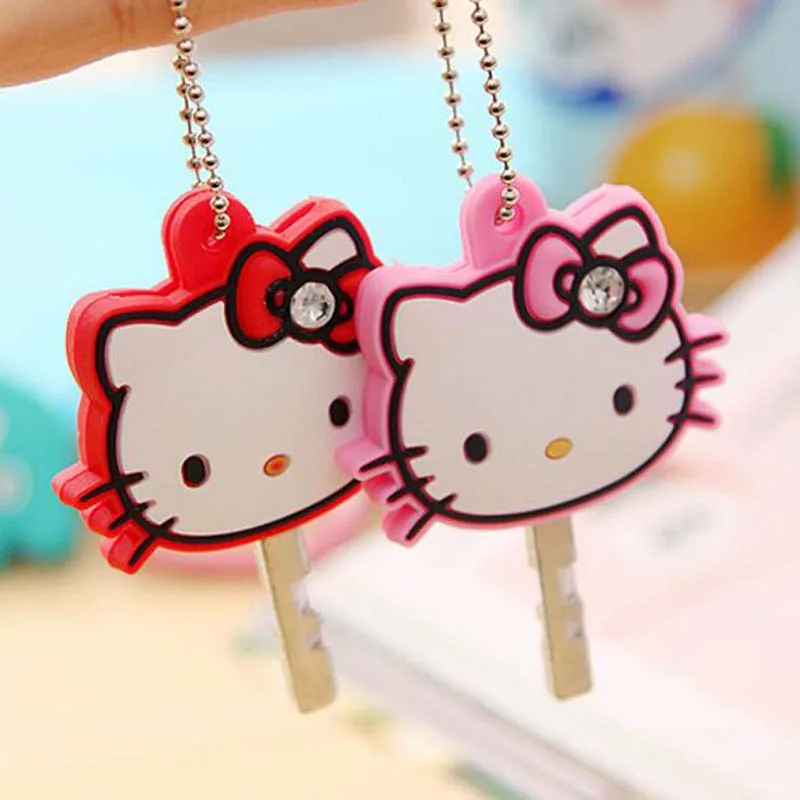 

2PCS Kawaii Cartoon Hello Kitty Silicon Key Caps Covers Keys Keychain Case Shell Novelty Gift Keyring Sets Toy Action