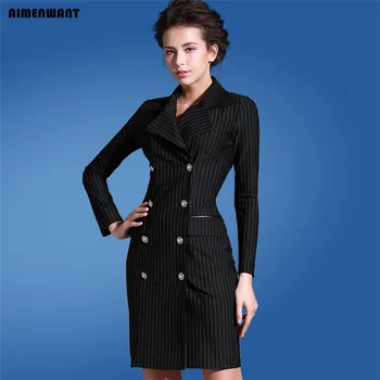 

AIMENWANT Europe office lady dresses 2018 fall long sleeve double breasted striped suit dress womens sexy slim formal dress