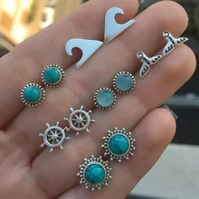 Jiayiqi 6 пар/упак. Винтажные серьги из сплава с зеленым опалом, наборы серьги-гвоздики с хвостом рыбий хвост Бирюза