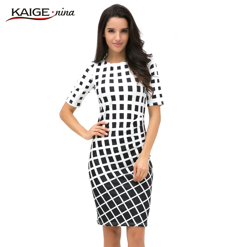 

Kaige.Nina New Sale Womens Summer Elegant Tartan O Neck Tunic Wear To Work Business Casual Party Pencil Sheath Dress 2184 a