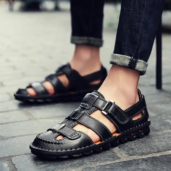 

merkmak Mens Summer Breathable Sandals Genuine Leather Beach Shoes Casual Non-slip Slippers High Quality Loafers Men Sandals